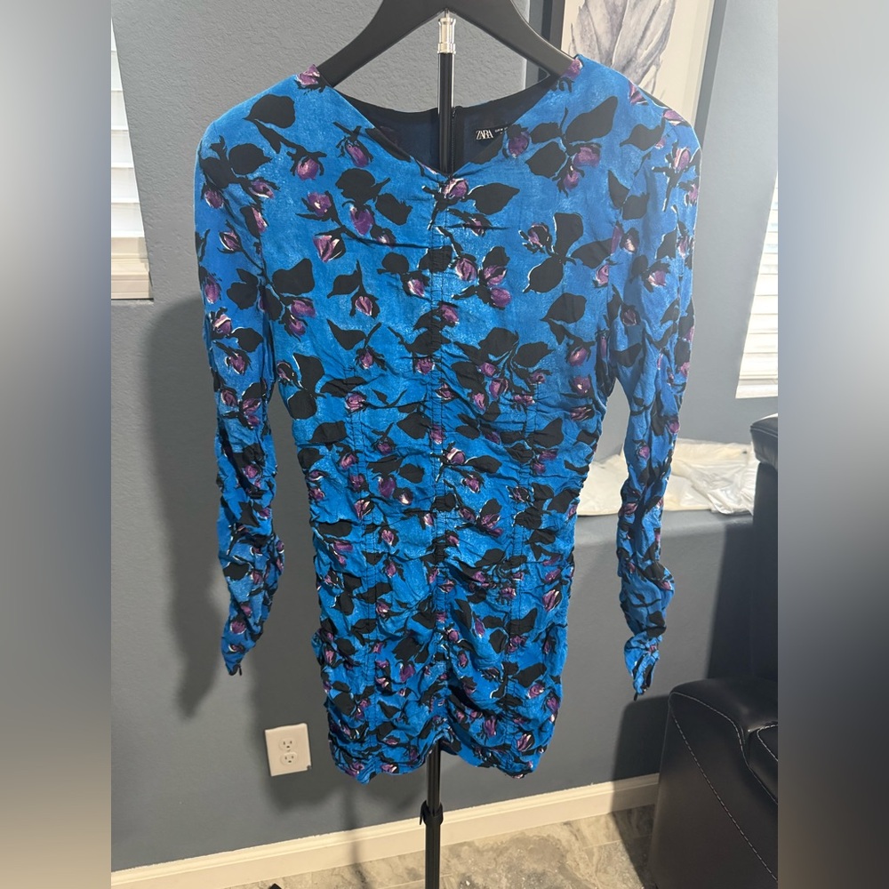 Zara Vibrant Blue and Purple Floral Long Sleeve Dress